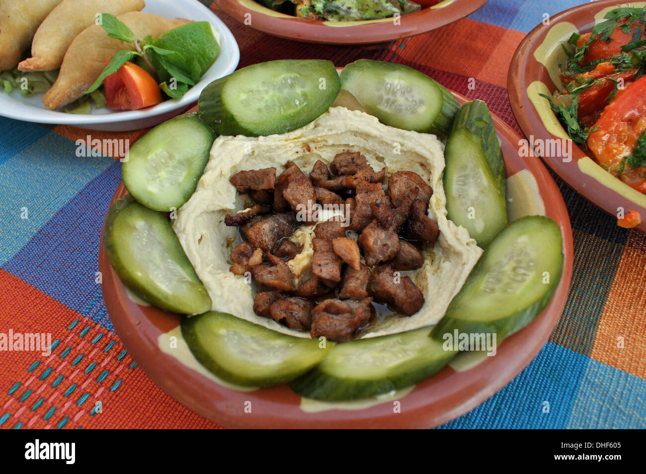 Hummus bil lahm served at a typical upmarket restaurant in Cairo, Egypt