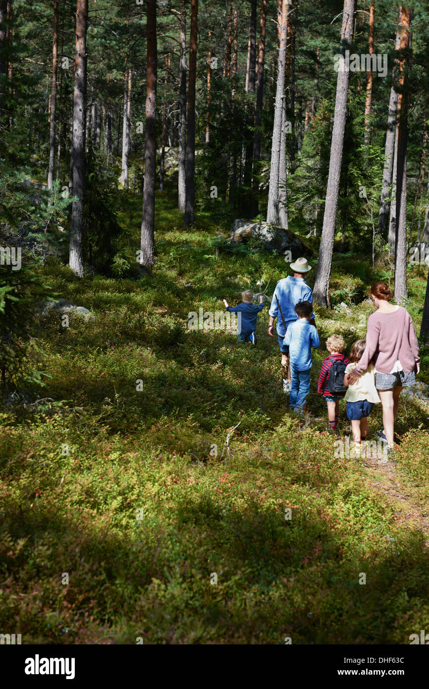 Family walking through forest Stock Photo