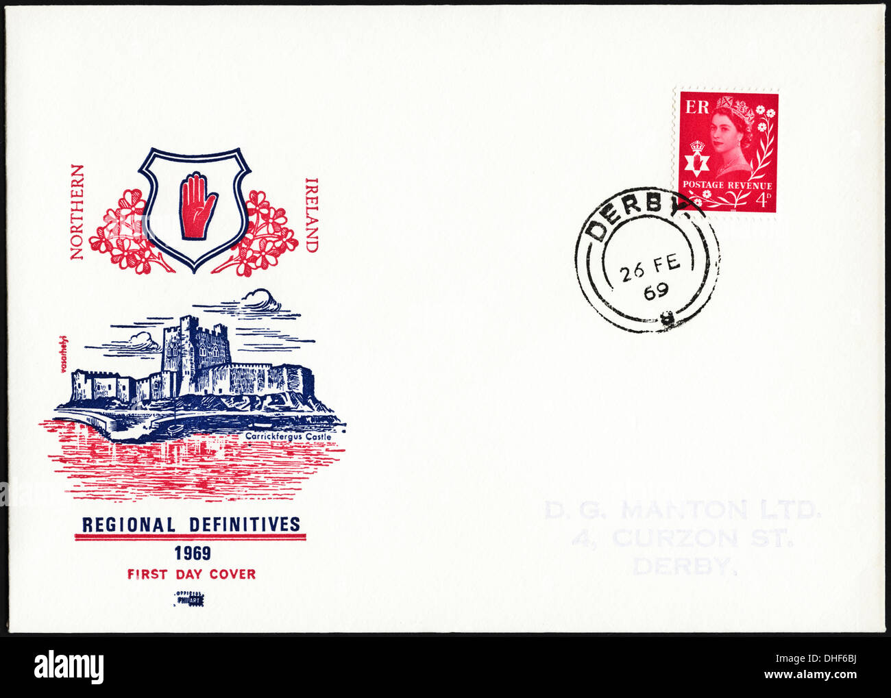 Commemorative 4d postage stamp first day cover for Northern Ireland definitive issue dated 26th February 1969 post marked Derby Stock Photo