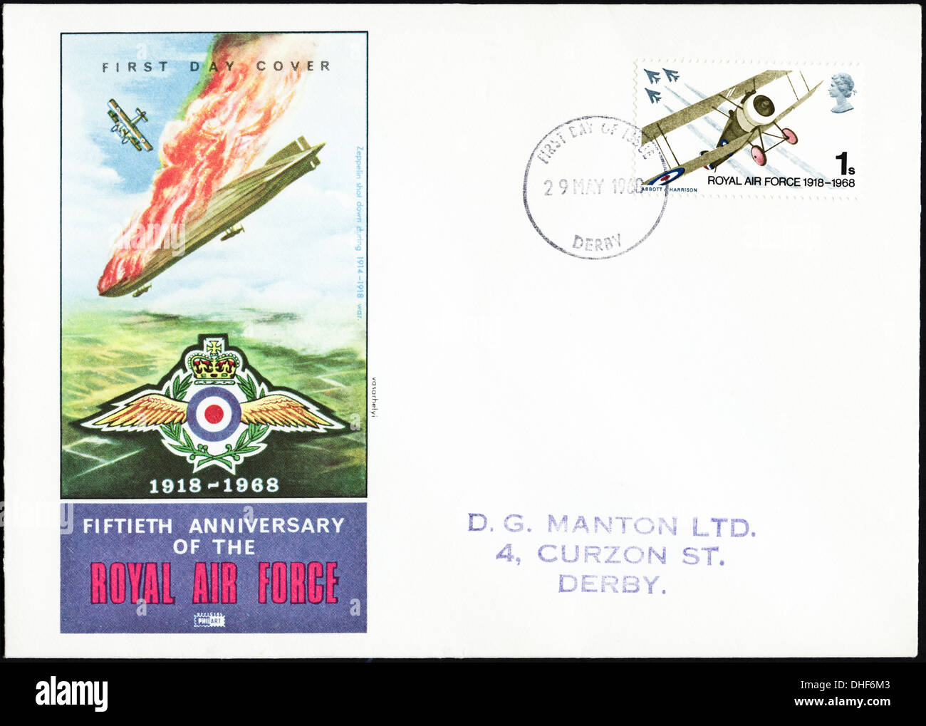 Commemorative 1s postage stamp first day cover for Fiftieth Anniversary of the Royal Air Force 1918 - 1968 postmarked Derby 29th May 1968 Stock Photo