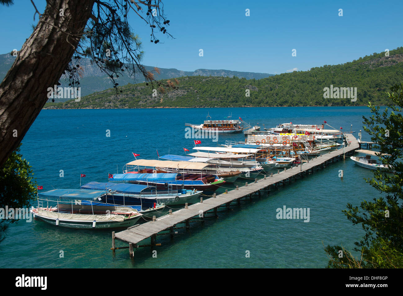 Türkei, Provinz Mugla, Golf von Gökova, Anlegestelle der Boote zur Kleopatra-Insel Stock Photo