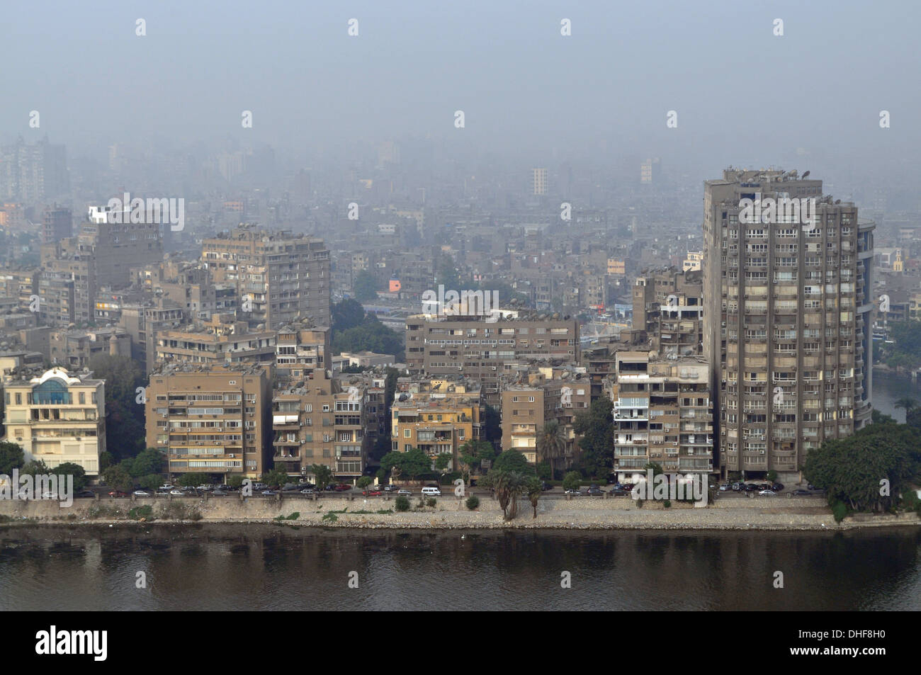 Aerial view of waterfront apartment buildings in Zamalek on Gezira