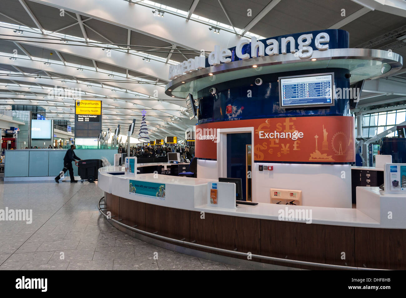 Empty currency exchange counter at terminal five, Heathrow Airport, London, England, GB, UK. Stock Photo
