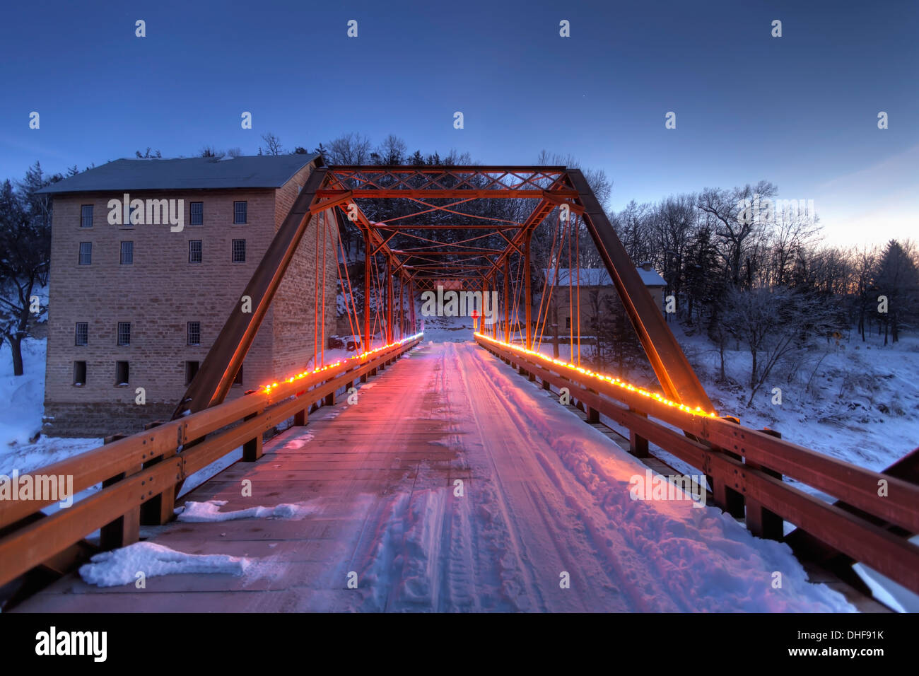 Christmas Lights On The Bridge Crossing The Turkey River At Motor Mill