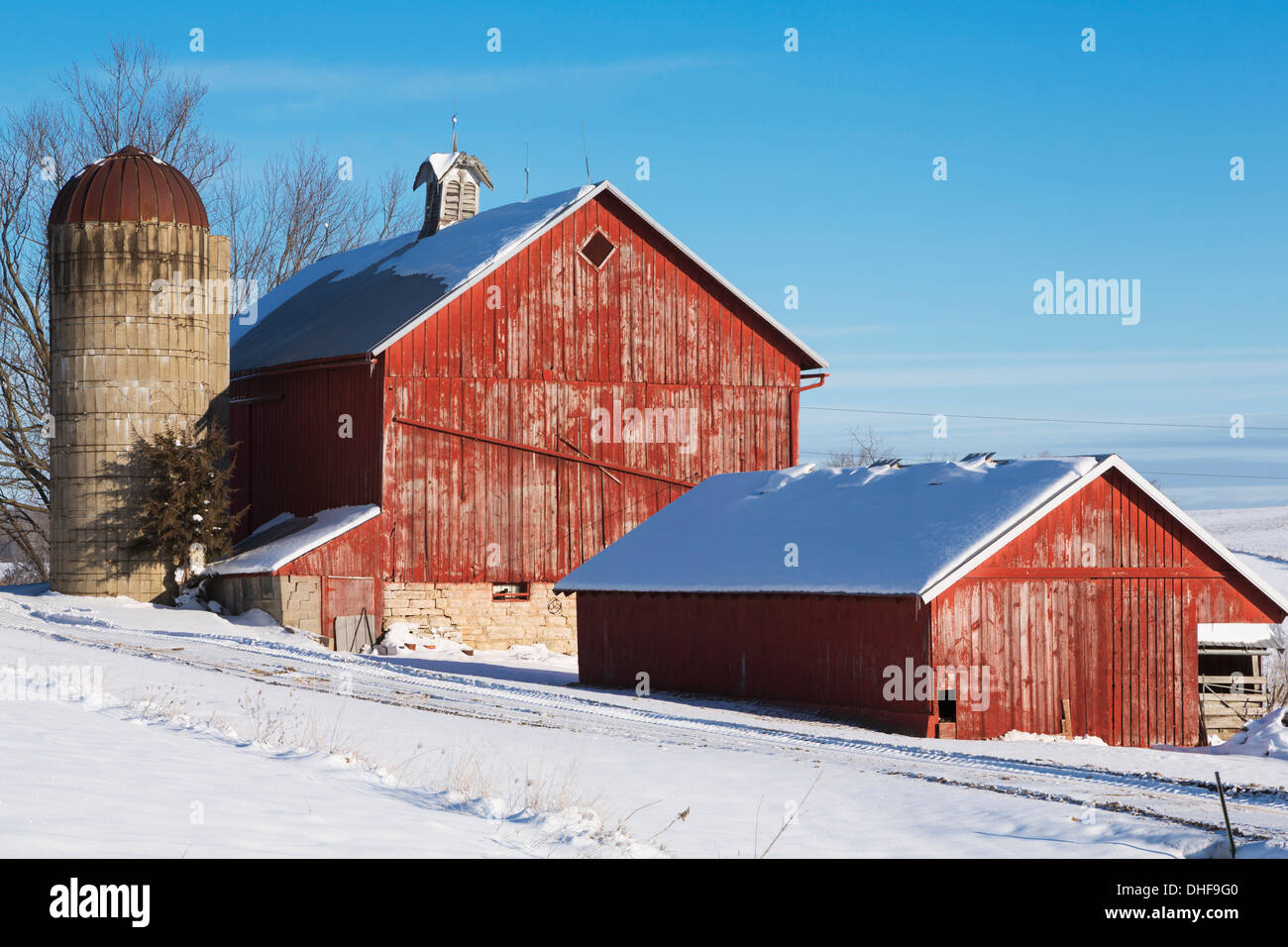 Red Farm Buildings After A Fresh Snowfall On A Sunny Day Near Elkader