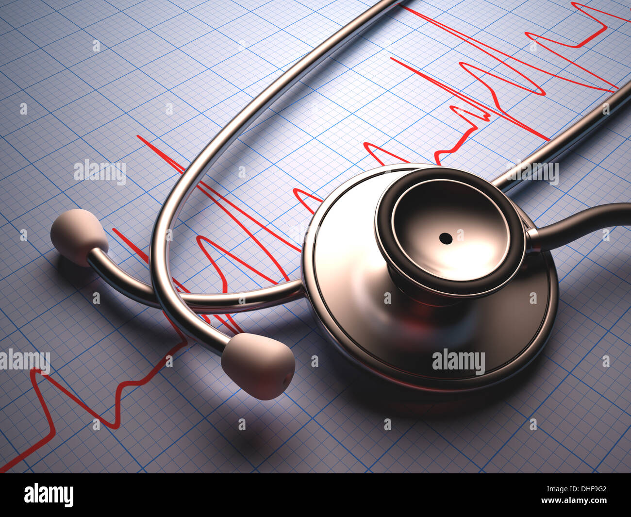 Stethoscope on a table with a heart graphic. Clipping path included. Stock Photo