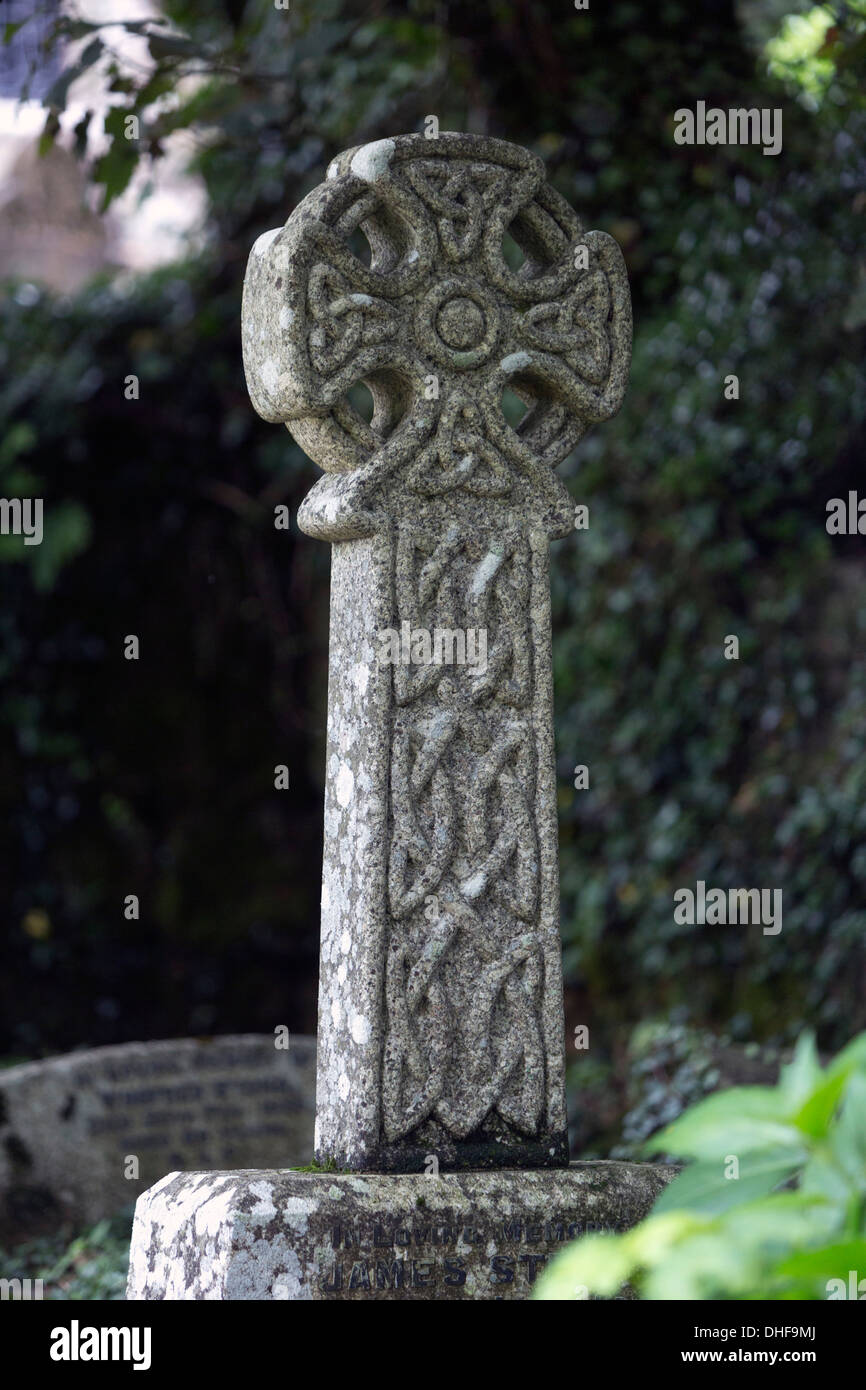 Modern Celtic cross in Sancreed parish church Stock Photo