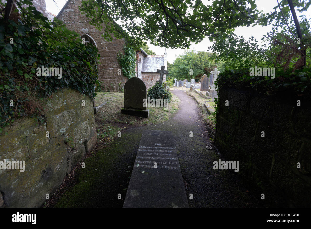 Main entrance to Sancreed parish church with Celtic crosses,  in Cornwall, England, United Kingdom. Stock Photo