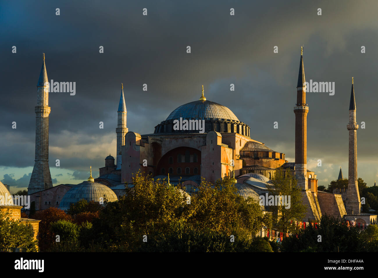 Hagia Sophia (Aya Sofya), Istanbul, at daybreak, against a cloudy sky. Stock Photo