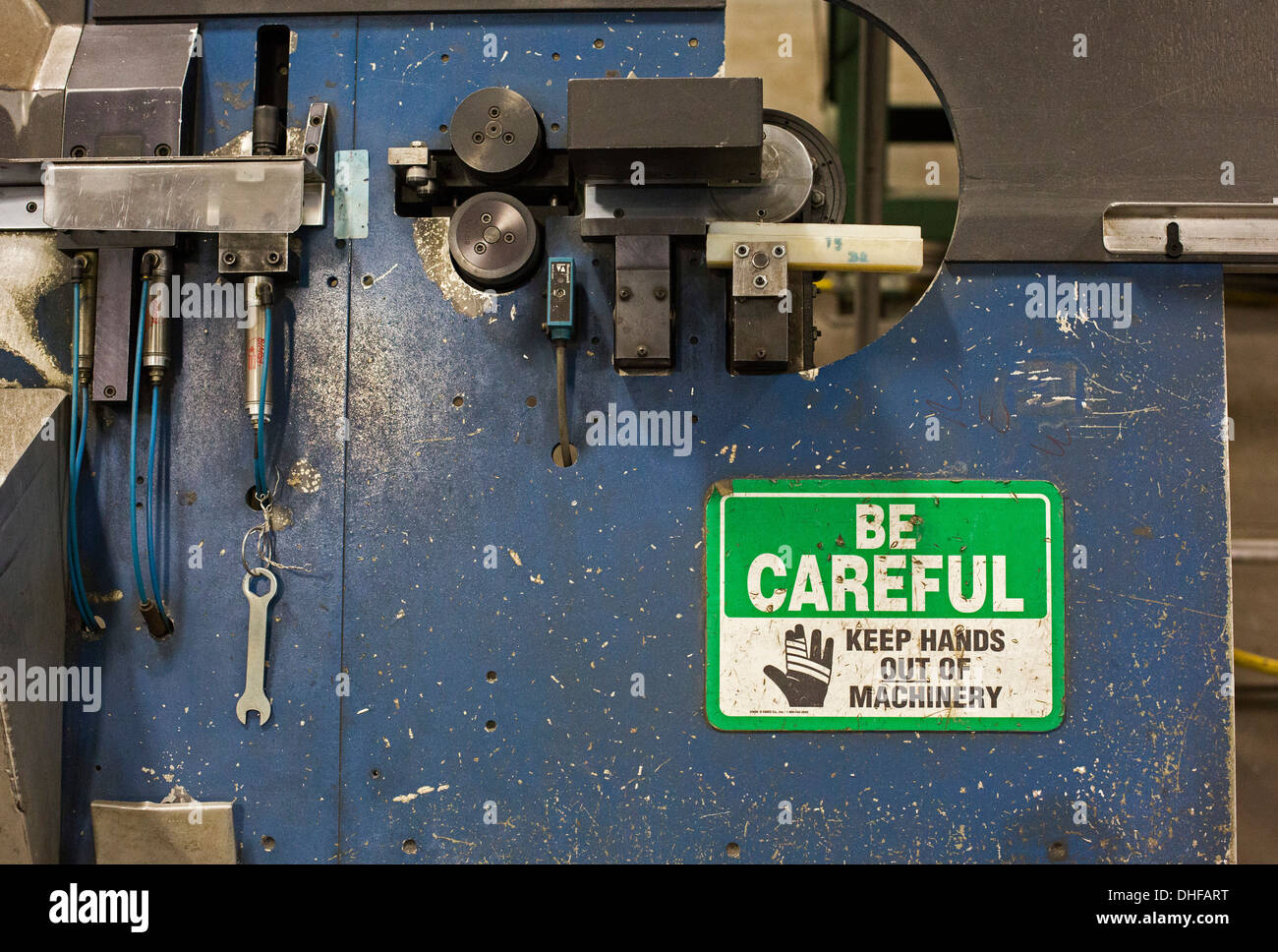 Safety Warning on Machinery at New Era Windows Cooperative Stock Photo