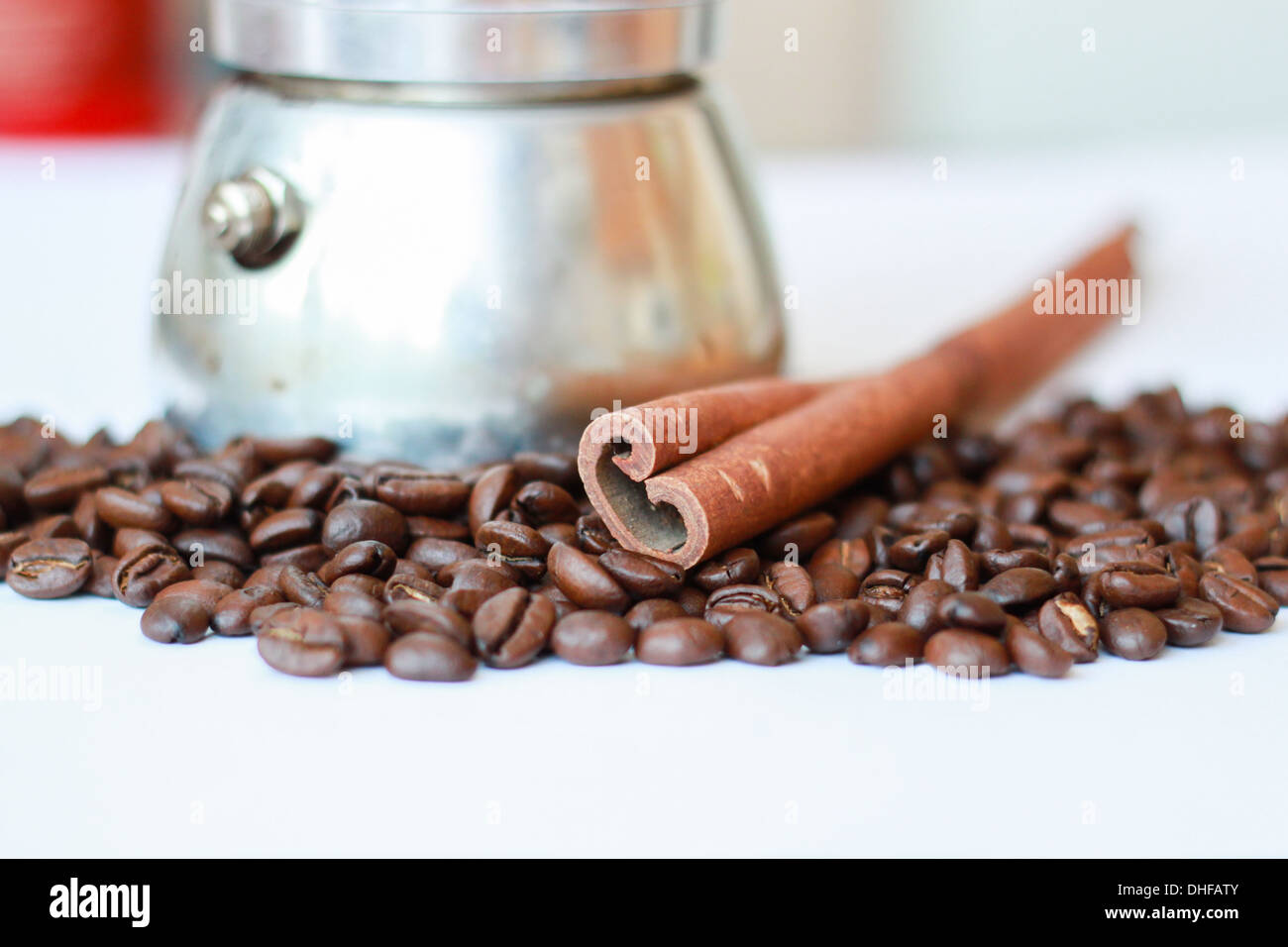 'coffee beans' coffee cinnamon  'coffee maker' coffeemaker, white, background, 'shallow depth of field' Stock Photo