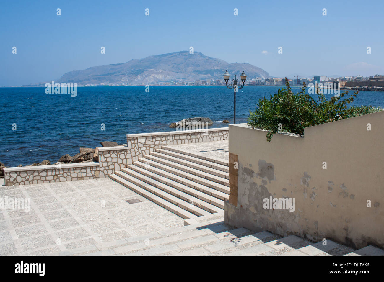 stairs,   Sicily, sea, landscape, seascape, nobody, mountain, water, blue sky, blue sea, clear, sunny, stones, rocks, stone, Stock Photo
