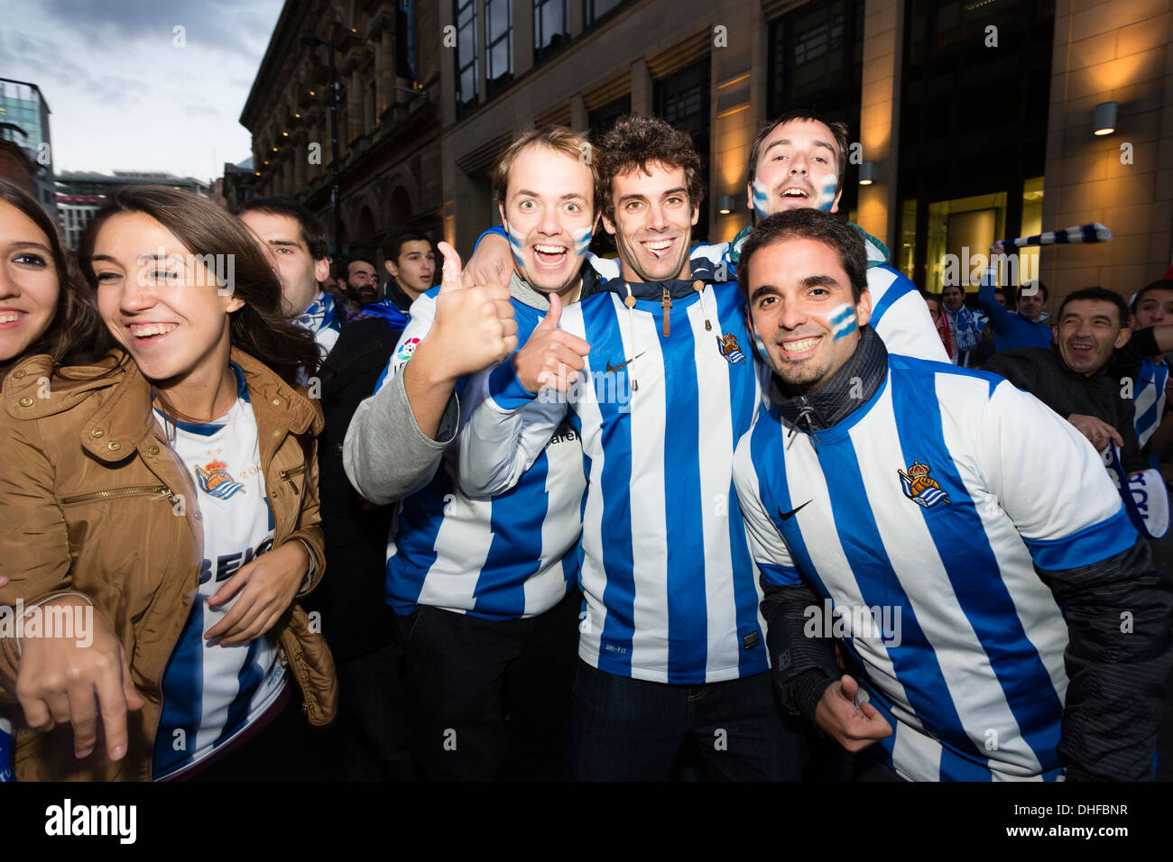 Fans of Real Sociedad in Manchester City Centre before their teams Champions League group game against Manchester United. Stock Photo