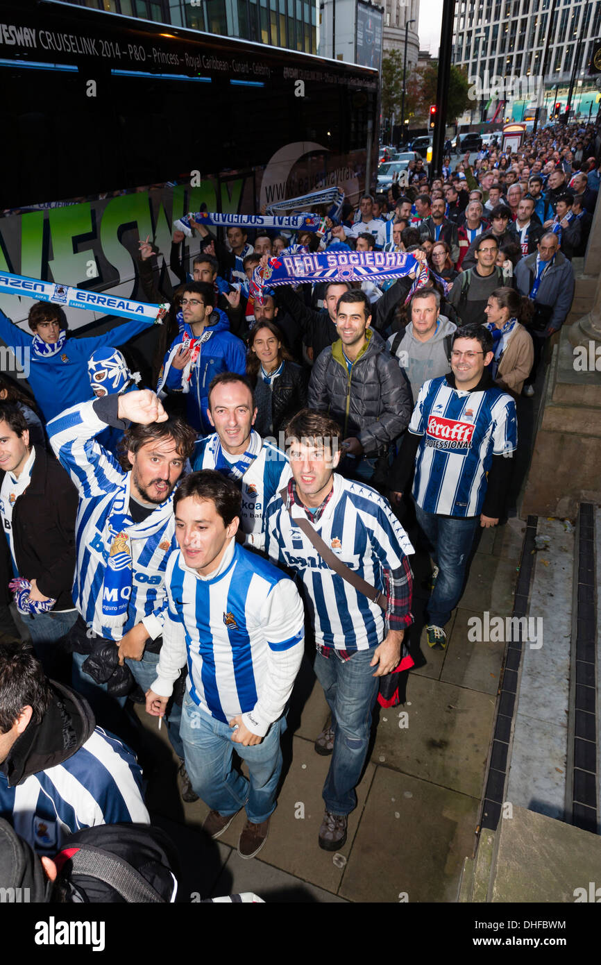 Fans of Real Sociedad in Manchester City Centre before their teams  Champions League group game against Manchester United Stock Photo - Alamy