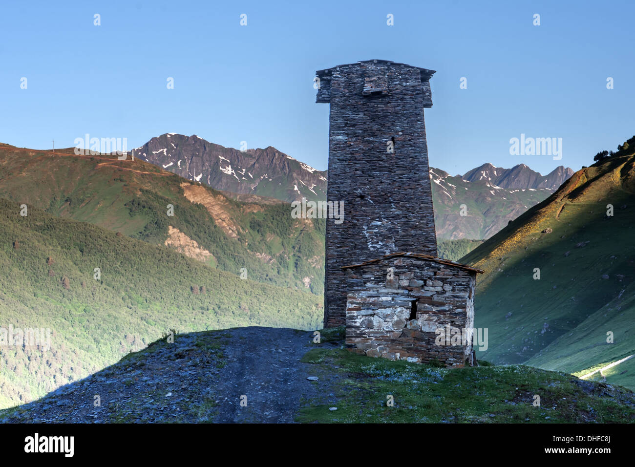 svaneti tower on caucasus mountain Stock Photo