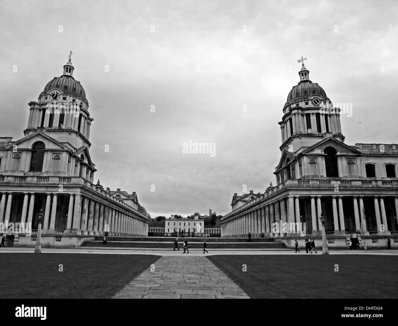 The Old Royal Naval College showing the Chapel in Queen Mary Court (left) and the Painted Hall in King William Court (right) Stock Photo