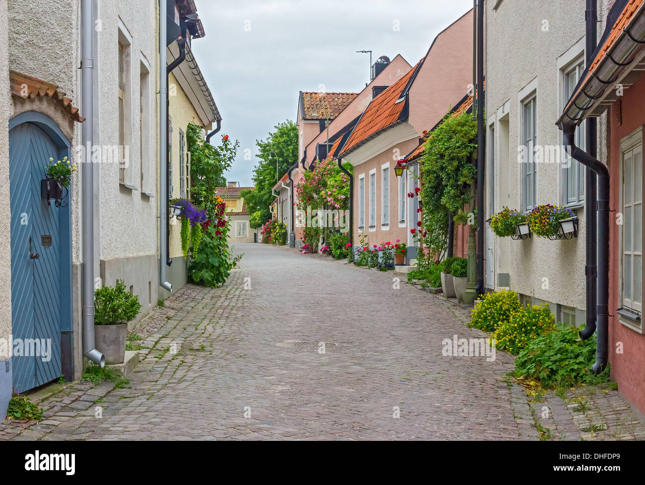 Street with old houses in Visby, a medieval town on the island of