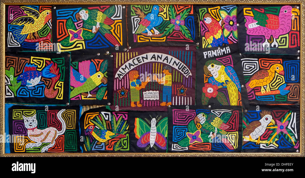 Selection of traditional elaborate embroidered hand stitched Molas worn by most women in the 'Comarca' (region) of the Guna Yala natives known as Kuna located in the archipelago of San Blas Blas islands in the Northeast of Panama facing the Caribbean Sea. Stock Photo