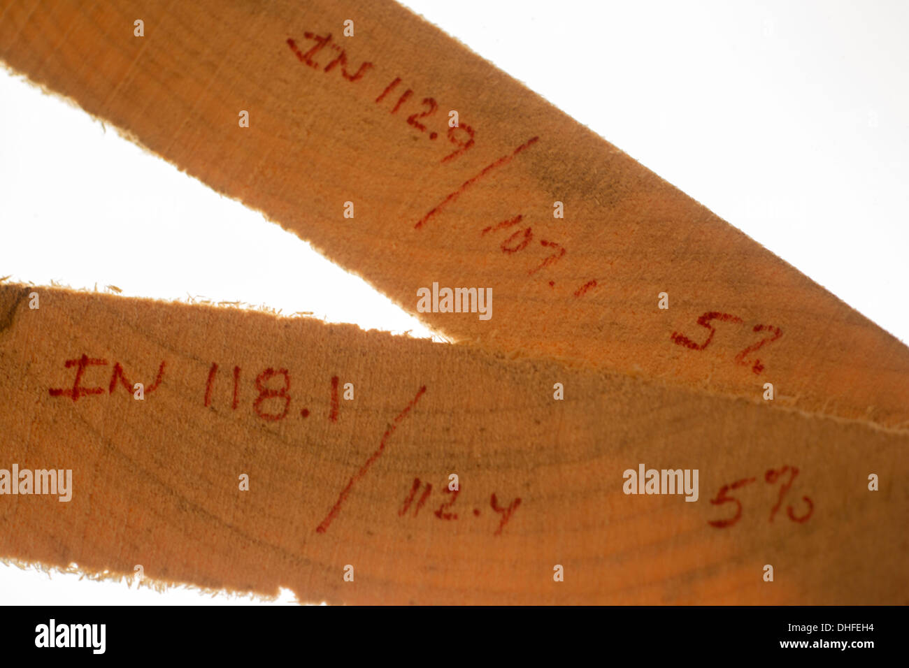 LUMBER HUMIDITY MOISTURE REDUCTION CALCULATIONS OF KILN TIMBER SLICES Stock Photo