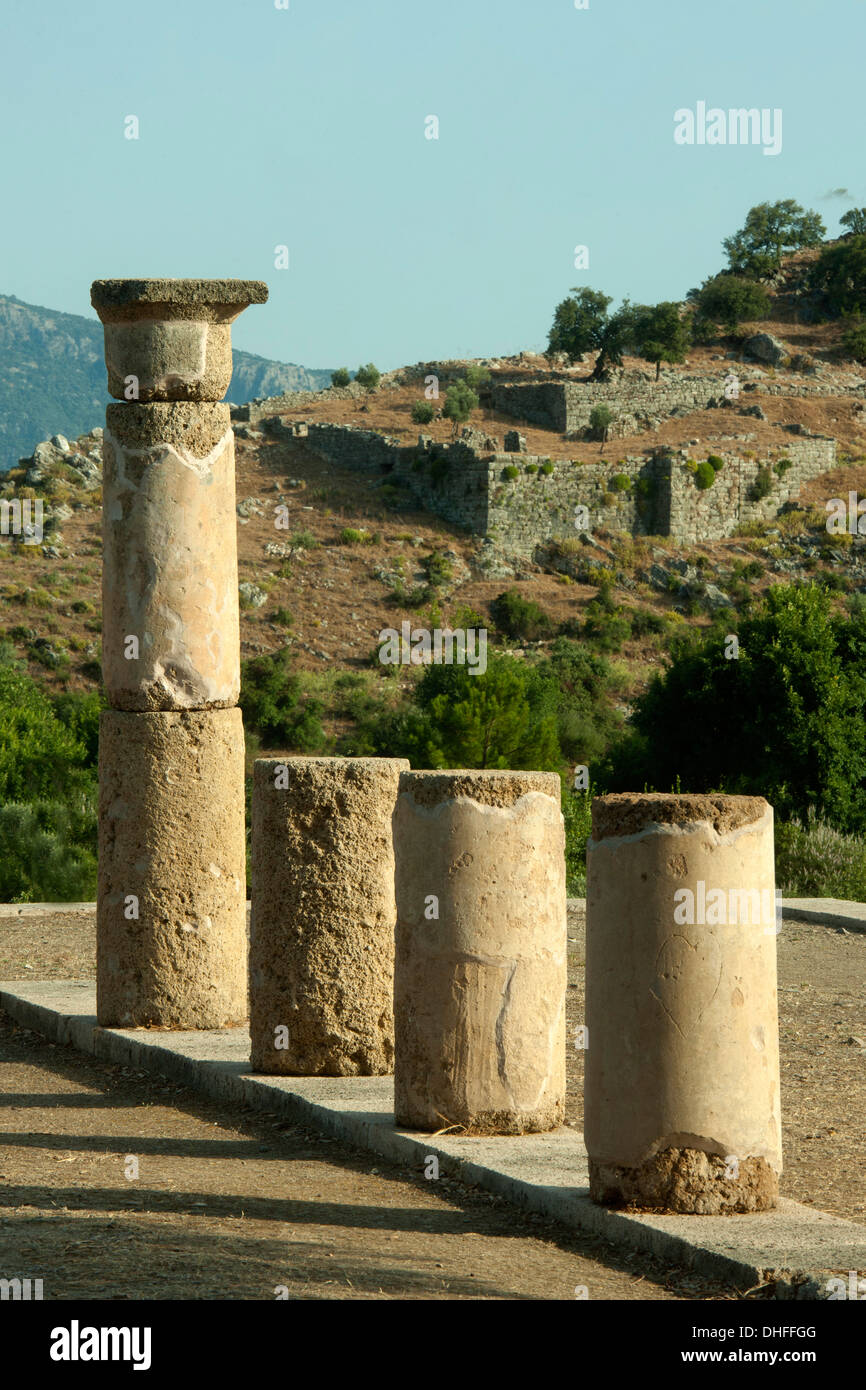 Asien, Türkei, Provinz Mugla, Dalyan, Ausgrabung von Kaunos, Säulen am Terrassentempel Stock Photo
