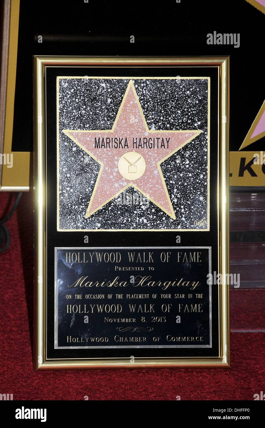 Los Angeles, CA, USA. 8th Nov, 2013. Mariska Hargitay Star Plaque at the  induction ceremony for Star on the Hollywood Walk of Fame for Mariska  Hargitay, Hollywood Boulevard, Los Angeles, CA November
