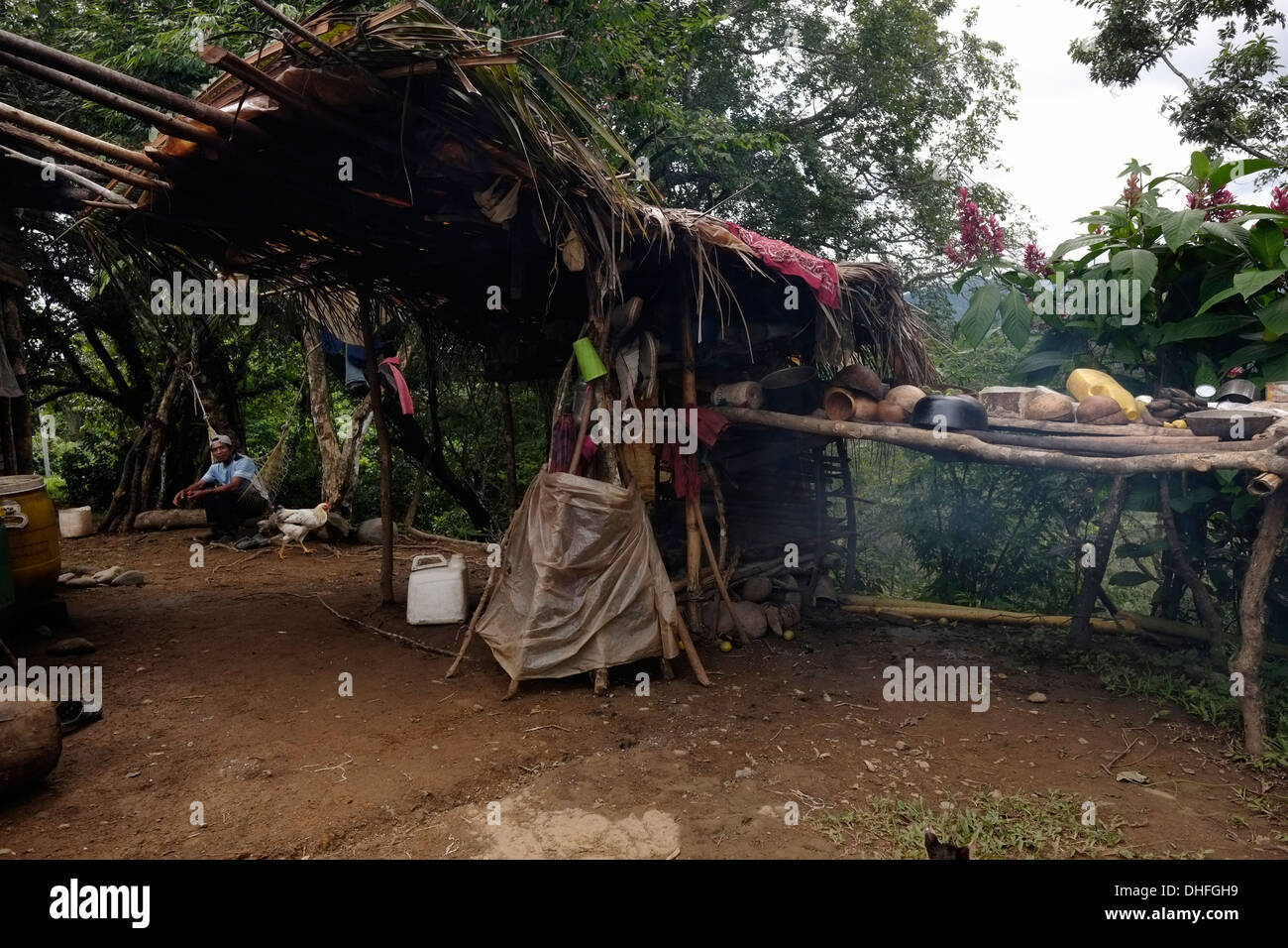 Typical habitation of the Ngabe & Bugle native ethnic group located in the Comarca Quebrado region, Guabo reservation in Chiriqui province Republic of Panama Stock Photo