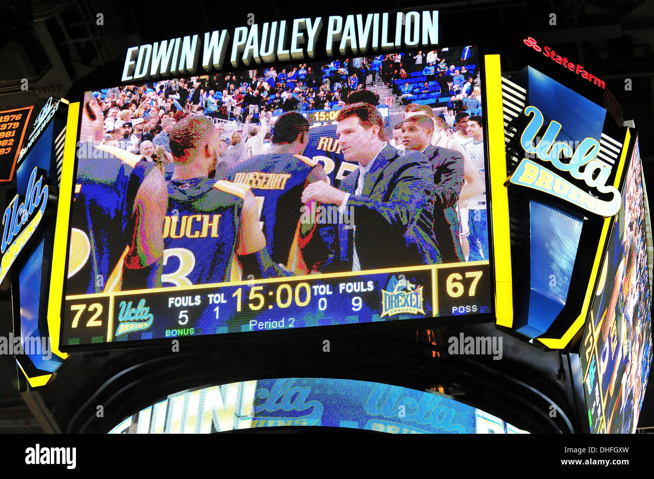 Los Angeles, CA, USA. 9th Nov, 2013. The final Scoreboard after the College  Basketball game between the Drexel Dragons and the UCLA Bruins at Pauley  Pavilion in Los Angeles, California.The UCLA Bruins