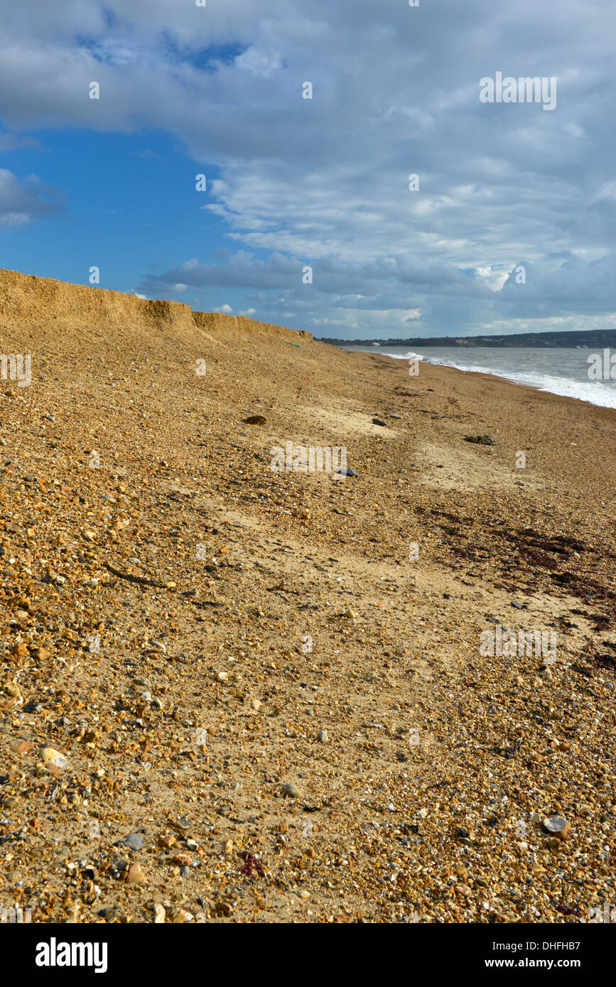 Evidence of severe erosion of the spit at Hurst, Milford-on-Sea caused by an autumn storm Stock Photo