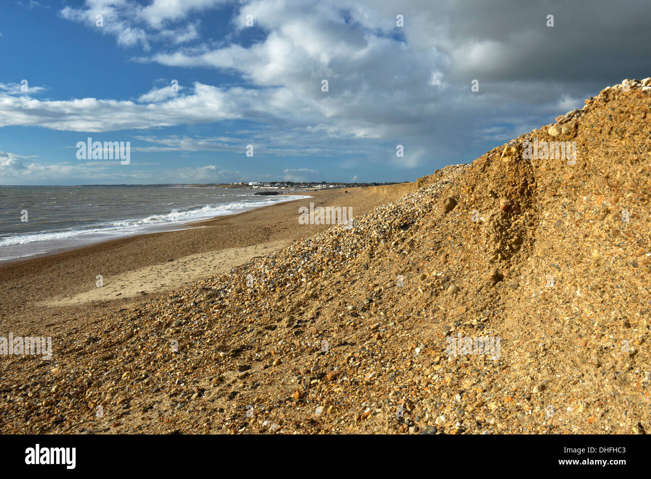 Evidence of severe erosion of the spit at Hurst, Milford-on-Sea caused by an autumn storm Stock Photo