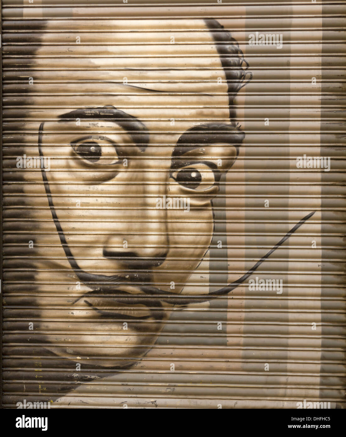 Tribute to Salvador Dali in a metal shutter, Barcelona, Spain Stock Photo