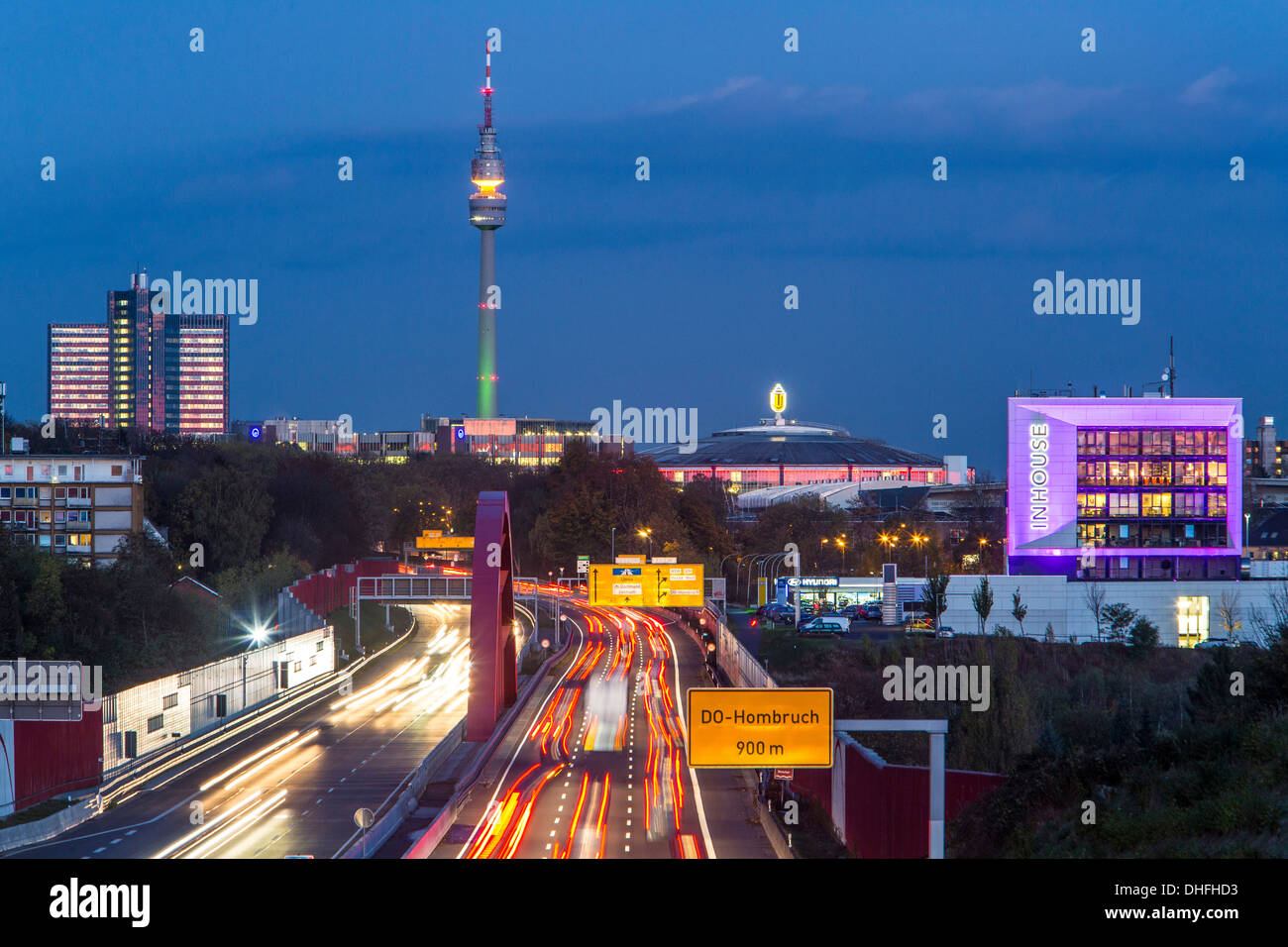 City skyline of Dortmund, Germany. Motorway, Autobahn A40, TV tower 'Florian Turm'. Stock Photo
