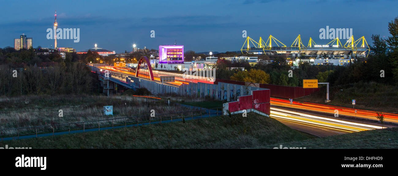 City skyline of Dortmund, Germany. Motorway, Autobahn A40, football stadium of Borussia Dortmund, BVB, Bundesliga. Stock Photo