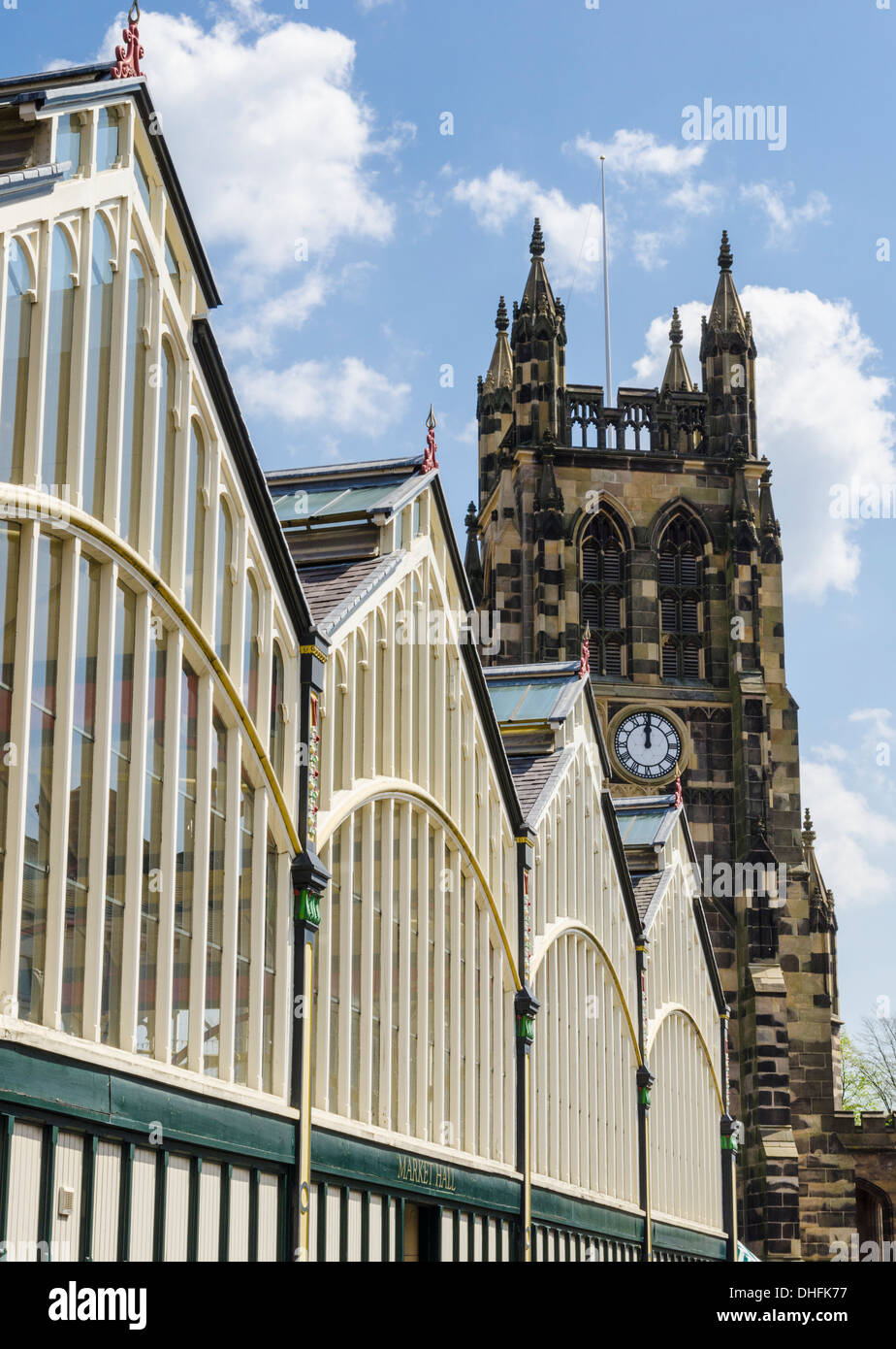 Detail of Stockport Market and St Mary's Church, Stockport, Greater