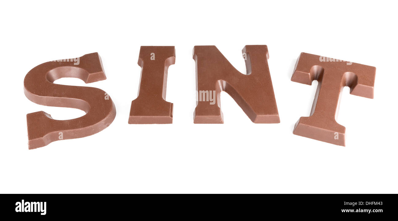 Chocolate letters making the word 'Sint' for a traditional Dutch children's party in december Stock Photo