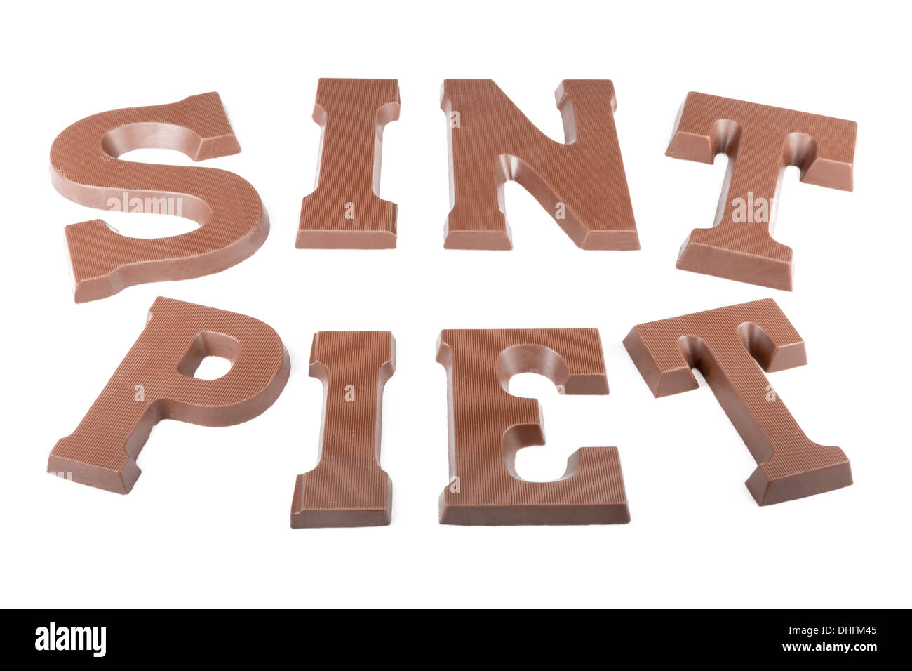 Chocolate letters making the word 'Sint'  and 'Piet' for a traditional Dutch children's party in december Stock Photo