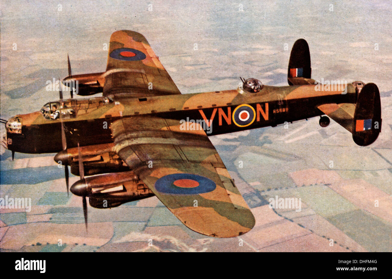 Lancaster Bomber in Flight, 1942 colour photo of the iconic RAF heavy bomber in flight somewhere over England Stock Photo