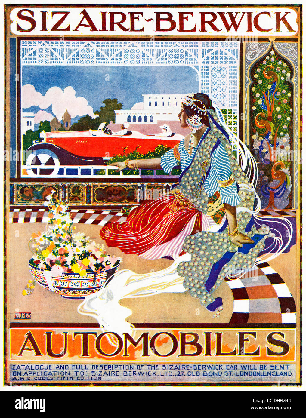 Sizaire Berwick Automobiles, 1919 ad for the British cars in an Indian magazine, a princess watches one drive past with the memsahib Stock Photo