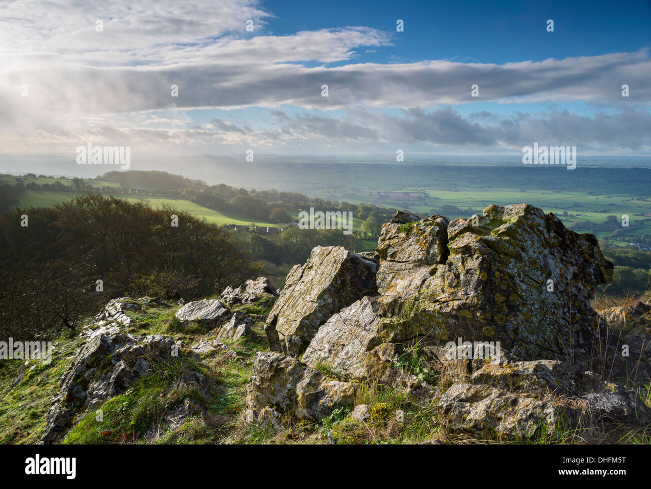 View from Draycott Sleights, on the Mendip hills, across the Somerset levels. Stock Photo