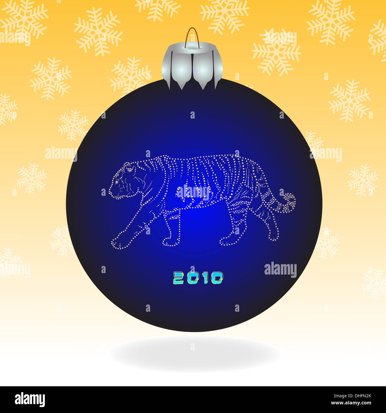 Dark blue fur-tree ball with a tiger on an orange background with snowflakes. Stock Photo