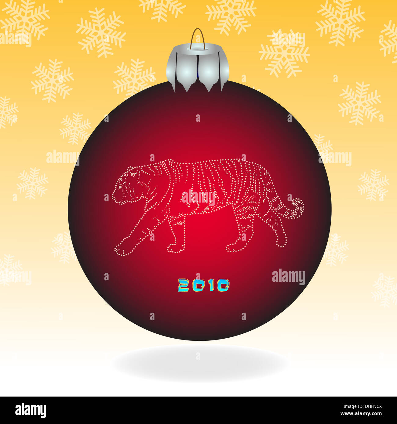 Red fur-tree ball with a tiger on an orange background with snowflakes. Stock Photo