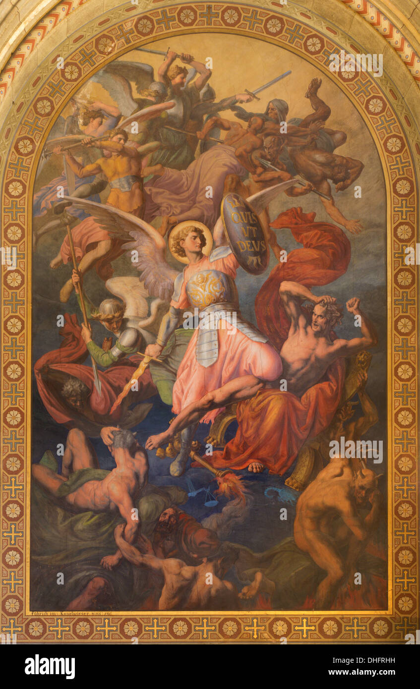 VIENNA - JULY 27: Archangel Michael and war with the bad angels scene by Leopold Kupelwieser Stock Photo