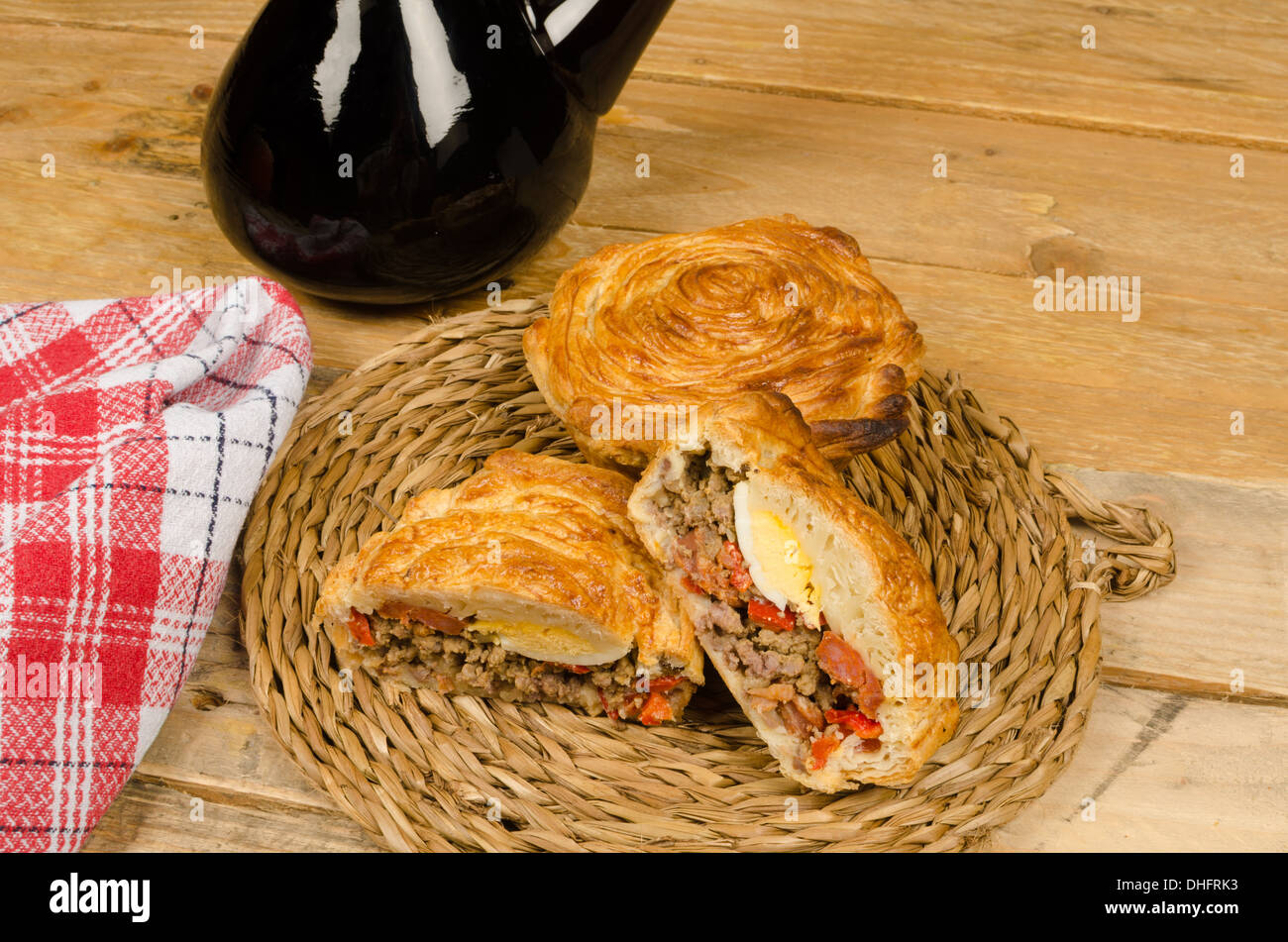 Traditional Spanish meat pie with red wine Stock Photo - Alamy