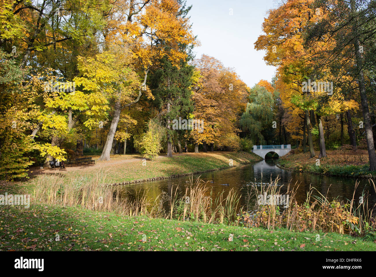 Autumn in the Royal Lazienki Park (Polish: Lazienki Krolewskie, Park Lazienkowski), city of Warsaw, Poland. Stock Photo