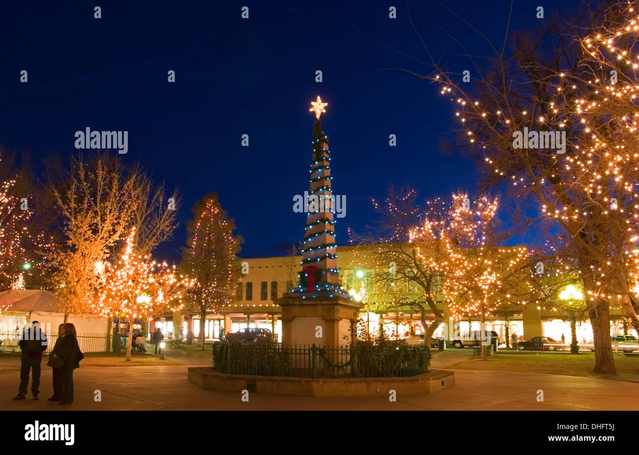Santa Fe Plaza and Christmas lights, New Mexico USA Stock Photo Alamy