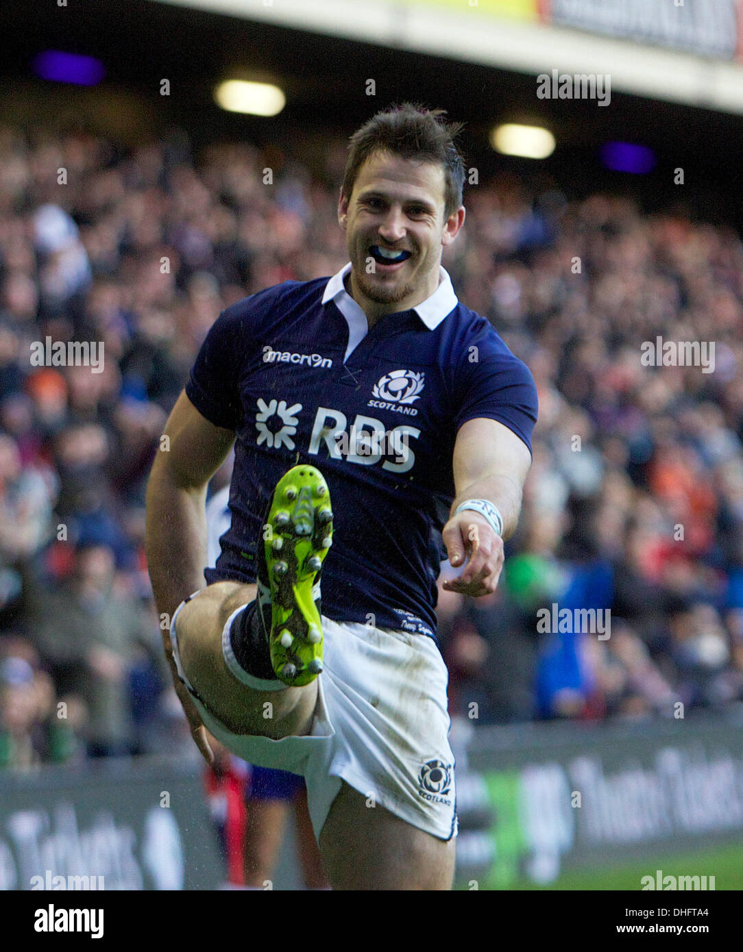 Edinburgh, Scotland. 09th Nov, 2013. Scotland's Tommy Seymour Celebrates scoring the TRY during the Viagogo Autumn International game between Scotland and Japan from Murrayfield Credit:  Action Plus Sports/Alamy Live News Stock Photo