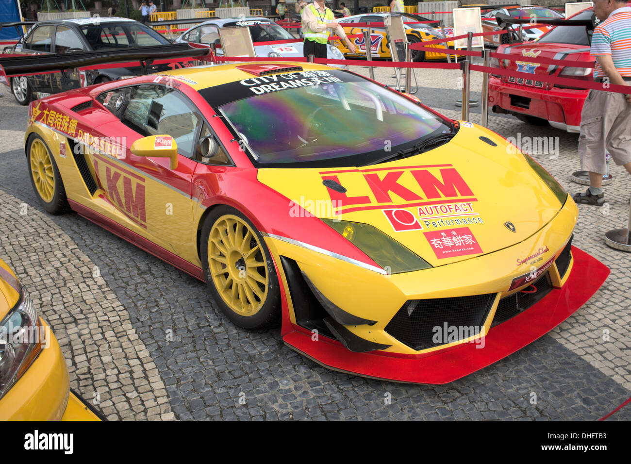 Race Car on display in Macau on the first day of Grand Prix Racing Stock Photo