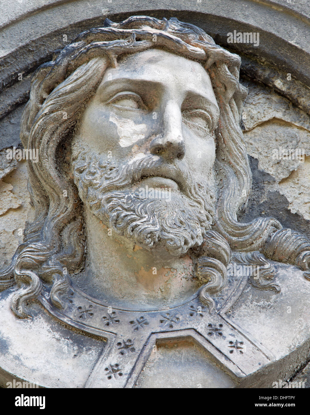 BRATISLAVA - AUGUST 7: Relief of Jesus Christ from 19. cent. on the tomb in cemetery 'Na Kozej brane' Stock Photo