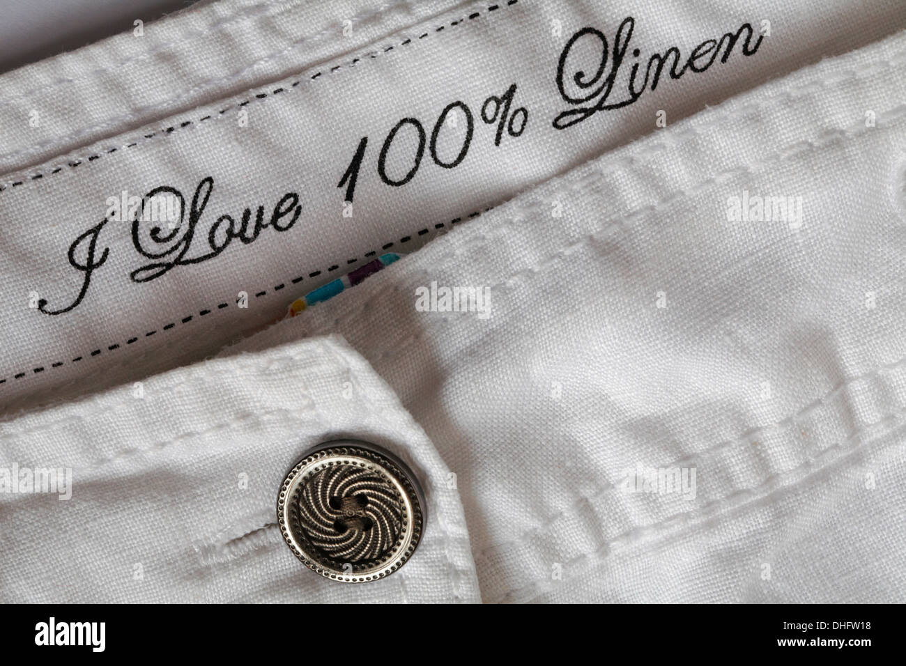 I Love 100% Linen on waistband of white trousers Stock Photo