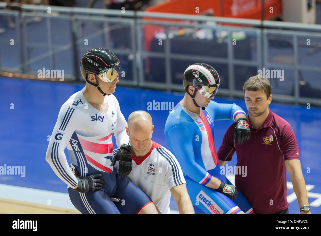 Matthew Crampton (GBR) and coach at start of the Mens Sprint Quarter final line up against  Adam Ptacnik (CZE) and coach. Stock Photo