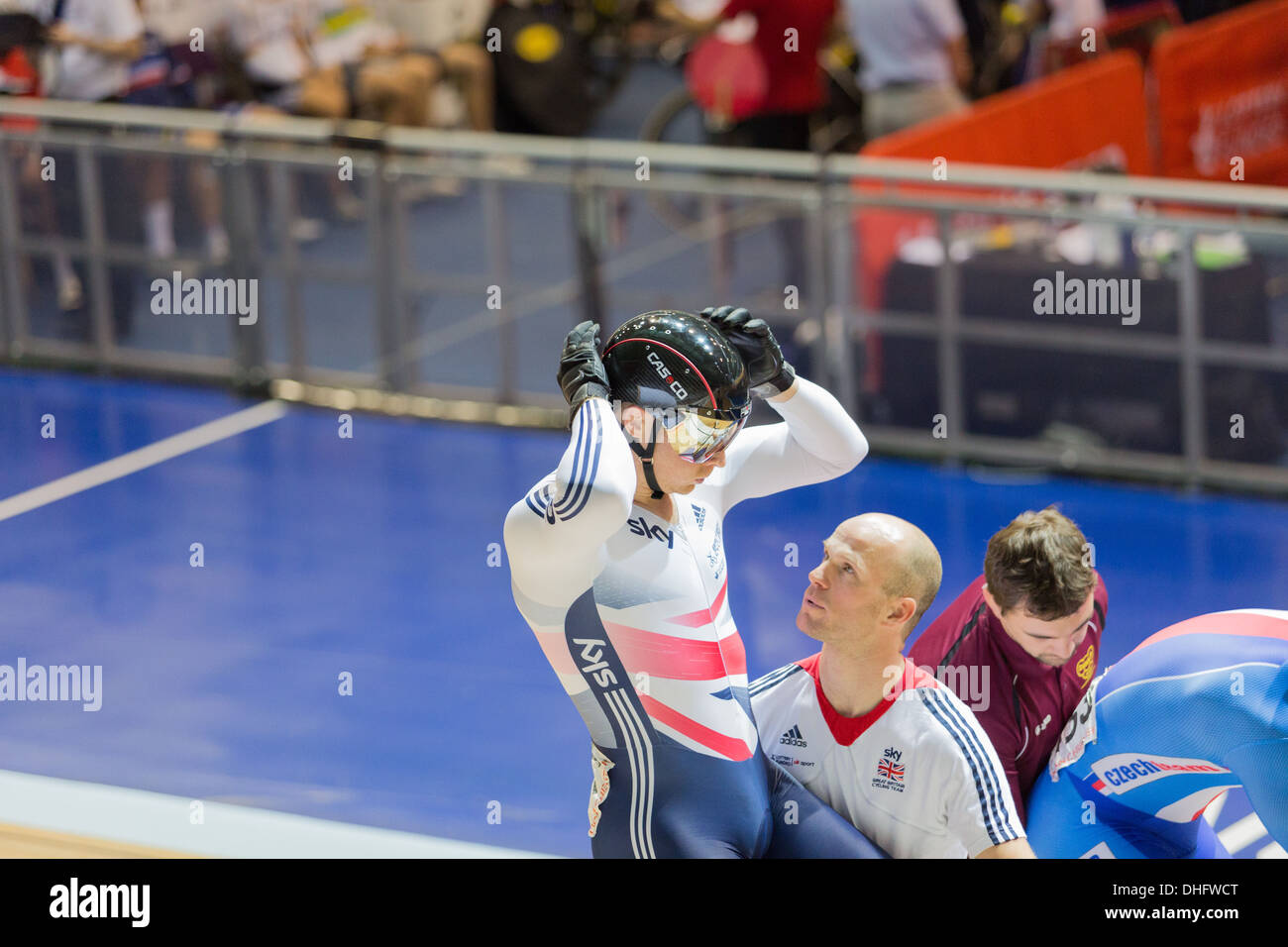 Matthew Crampton (GBR) and coach getting ready at start of the Mens Sprint Quarter final line up against  Adam Ptacnik (CZE). Stock Photo